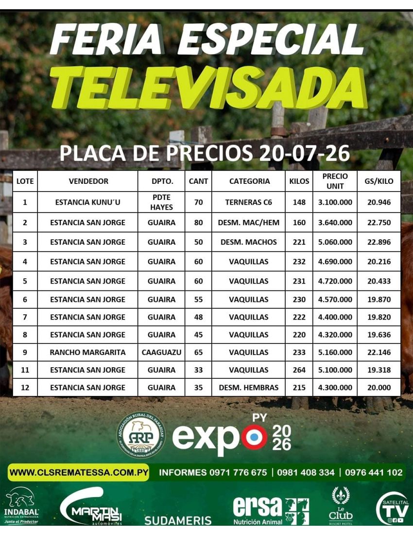 PRECIOS FERIA ESPECIAL TELEVISADA 20/07/2026